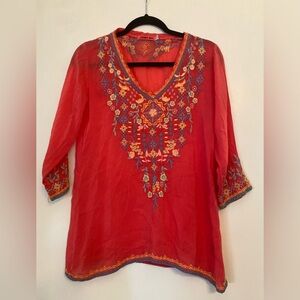 Johnny Was Blouse Womens Small Coral Embroidered Pullover 3/4 Sleeve Lightweight